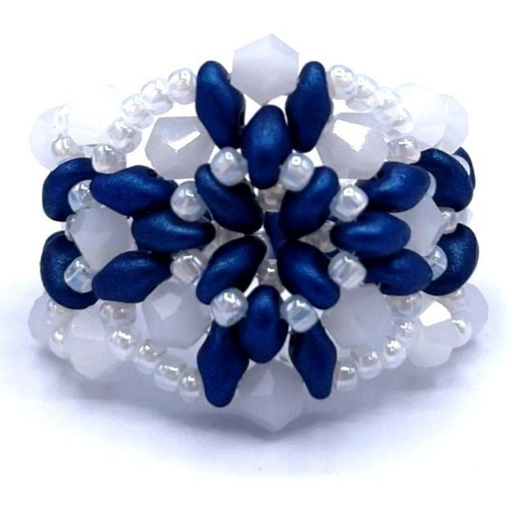 Navy Blue with White and White Opal Crystal Beaded Statement Ring Size 8